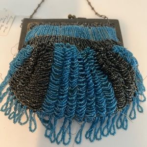 Antique Vintage Fringe Blue Beaded Purse Art Deco Bag 1920's